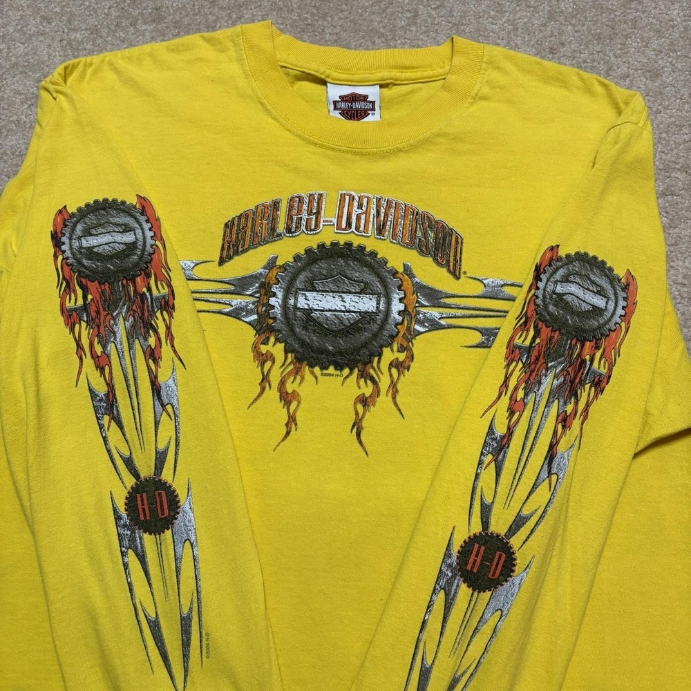 Vtg Harley-Davidson Graphic‎ Shirt Mens Medium Yellow Flames Long Sleeve 00s